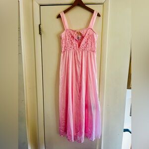 VTG Fairycore Lace Satin Pink Sexy Boudoir Maxi Festival Boho Slip Dress L